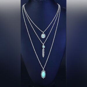 Elegant Boho  Silver Turquoise Layered Western  Necklace